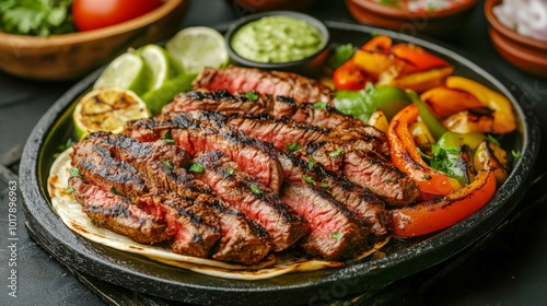 Juicy grilled steak sliced to perfection, served with colorful roasted bell peppers and lime wedges on a sizzling skillet, epitomizing a hearty, flavorful meal. photo