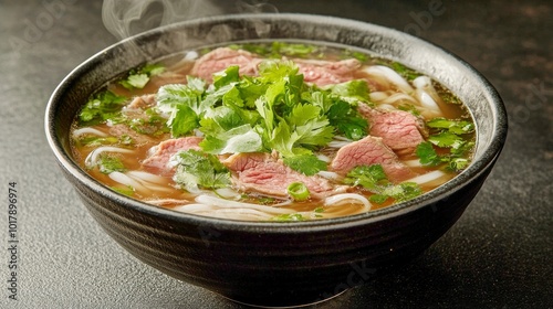 A mouth-watering bowl of pho featuring slices of beef, fresh herbs, and noodles, emitting steamy warmth and inviting aromas, ideal for culinary enjoyment. photo