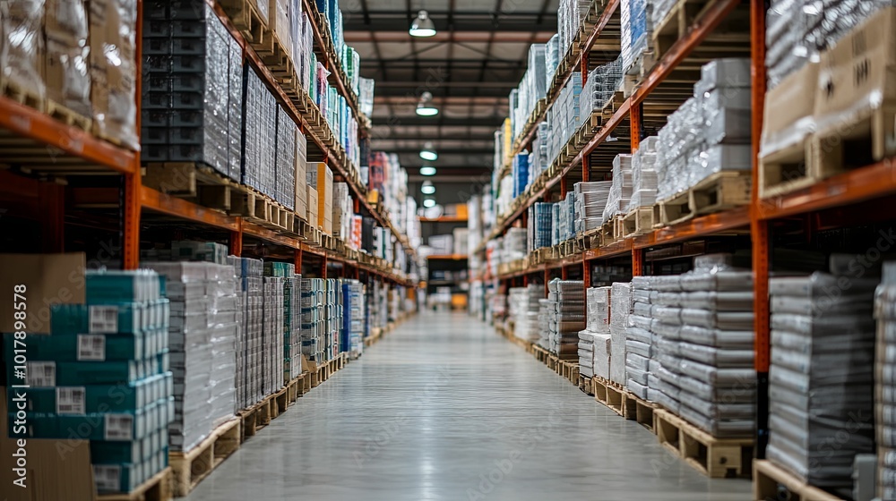Aisle of Stacked Boxes in a Warehouse Aisle of Stacked Boxes in a Warehouse