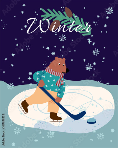 Winter card with bear playing hockey