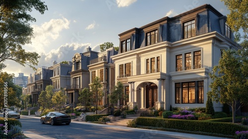 A sophisticated suburban street lined with beautiful luxury townhouses, bathed in warm sunlight, showcasing manicured gardens and a sleek car parked elegantly.