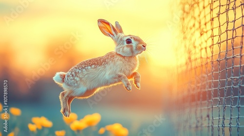 Dynamic Hare in Mid Hop Against Sunrise Background photo