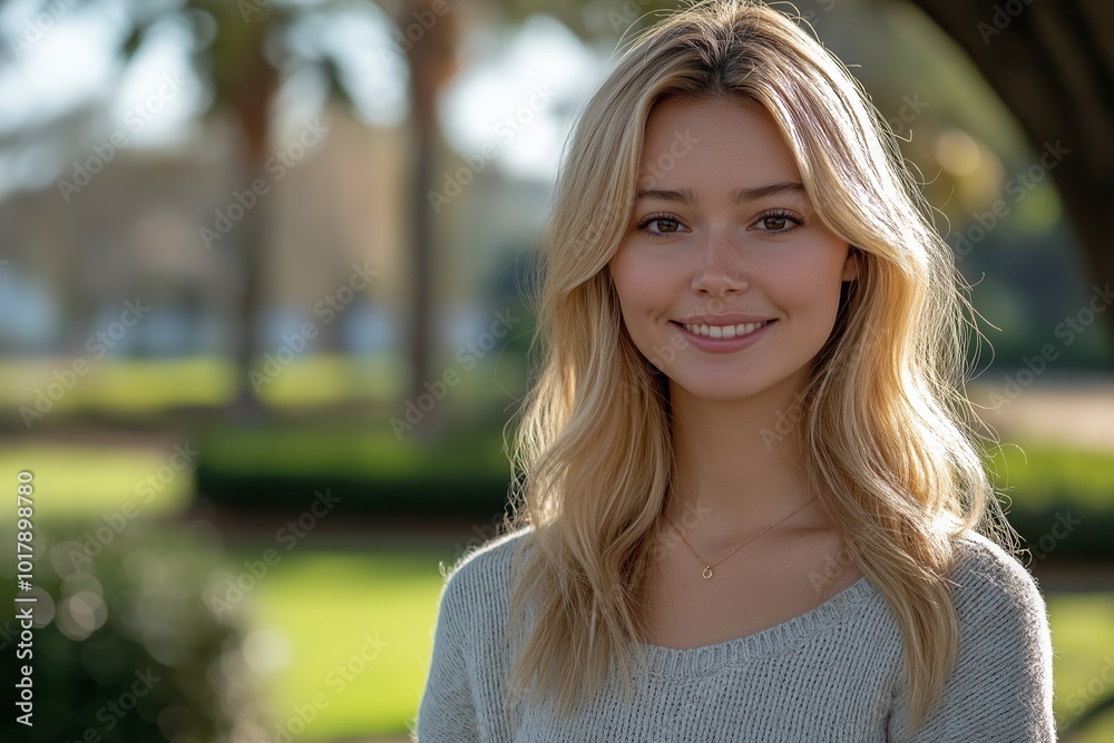 Woman with blonde hair is smiling and wearing a necklace. She is standing in a park. The necklace is gold and is around her neck Woman with blonde hair is smiling and wearing a necklace. She is standing in a park. The necklace is gold and is around her neck