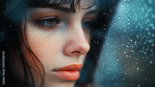 A close-up portrait captures a thoughtful woman peering through a rain-speckled window, reflecting contemplation and serenity. photo