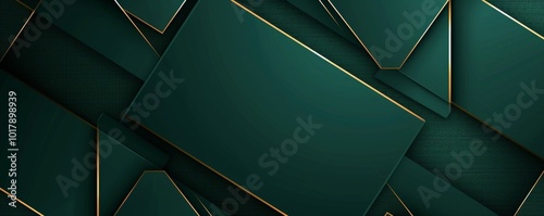 Dark green abstract background with gold lines and shadow. Geometric shape overlap layers. Transparent squares. Modern luxury rounded squares graphic pattern banner template, Generative AI