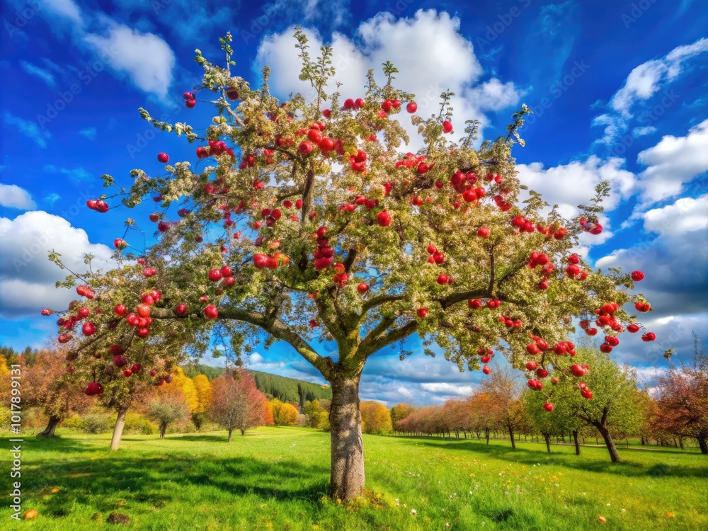 Naklejka premium Lush Apple Tree with White Leaves Against a Bright Blue Sky in a Peaceful Orchard Setting
