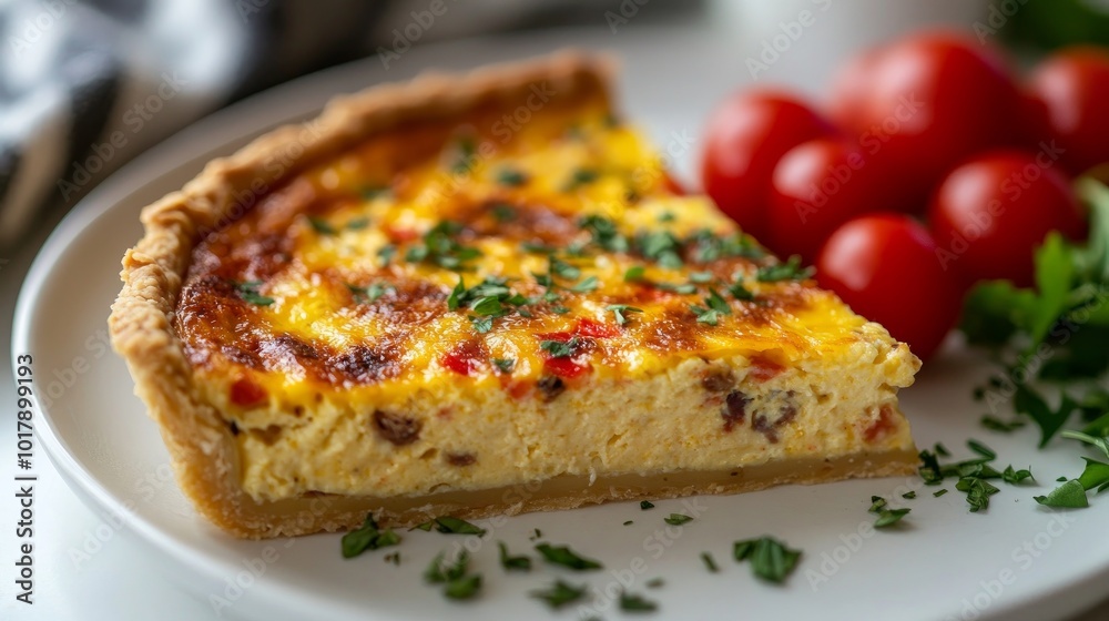 A savory slice of quiche Lorriane topped with fresh parsley, served with ripe cherry tomatoes adding a burst of color to the delectable dish. A savory slice of quiche Lorriane topped with fresh parsley, served with ripe cherry tomatoes adding a burst of color to the delectable dish.