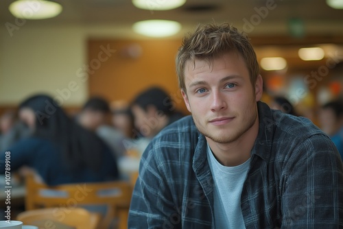 Man with a beard and blue eyes is sitting at a table with a cup in front of him. Positive homeless white man sits at a table in a bustling homeless shelter dining hall, surrounded by other individuals photo