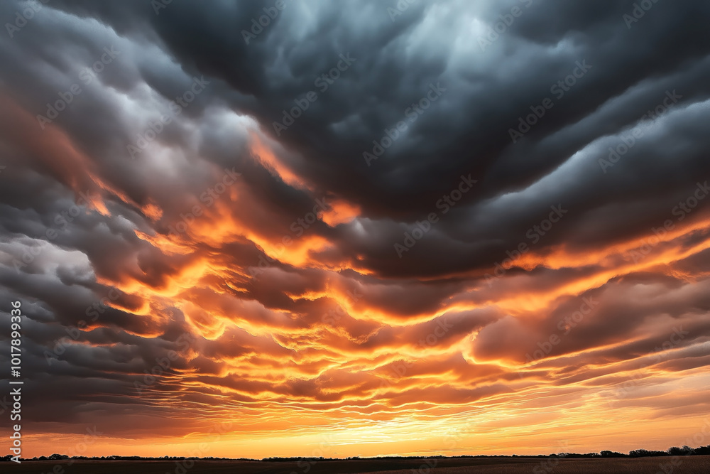 Fototapeta premium Dramatic sunset with dark, stormy clouds lit up in fiery orange and yellow hues, creating a striking sky scene over a flat landscape with a distant horizon.