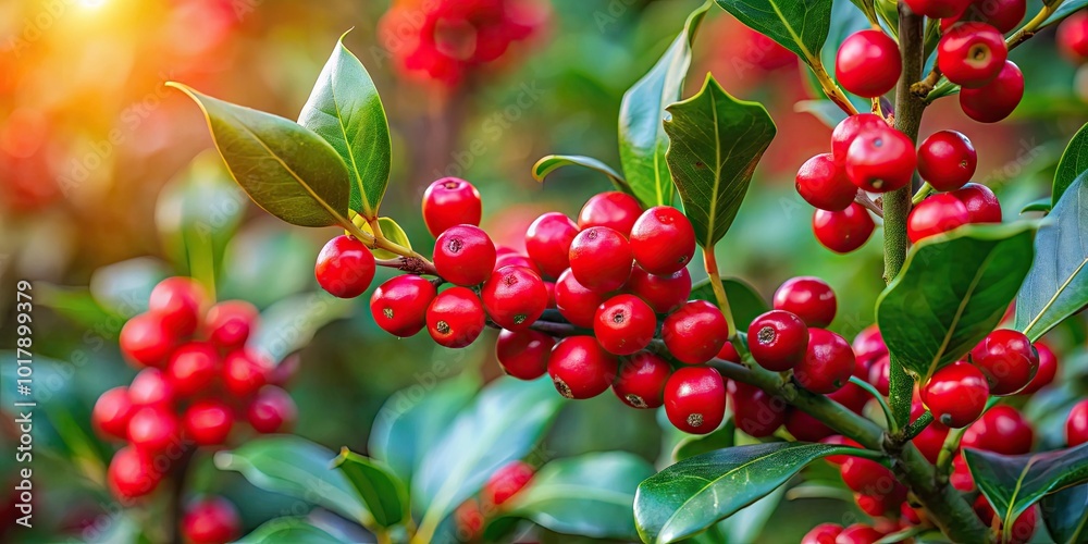Lush Chinese Holly Leaves with Bright Red Berries in a Natural Garden Setting During Autumn Season Lush Chinese Holly Leaves with Bright Red Berries in a Natural Garden Setting During Autumn Season