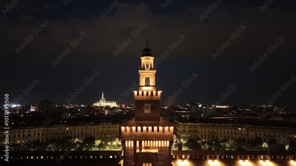 Milan city aerial view at night of sforza castle and duomo cathedral illuminated Milan city aerial view at night of sforza castle and duomo cathedral illuminated