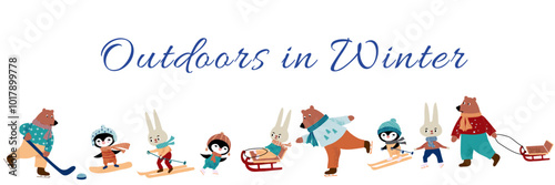 Vector set of cute characters doing winter outdoor activities