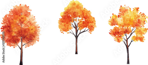 Set of watercolor autumn trees in clip art style. Isolated on white background.