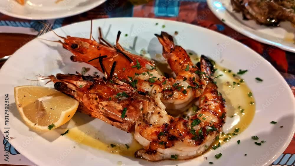 Delicious plate of shrimps and lemon. Zoom out Delicious plate of shrimps and lemon. Zoom out