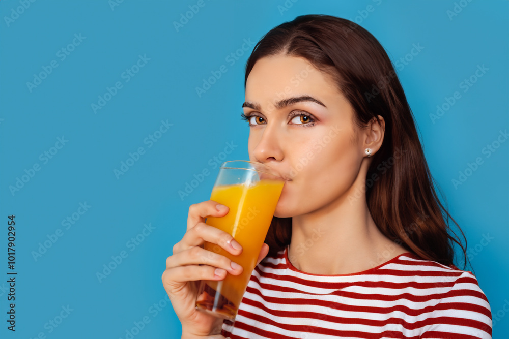 Girl in blue and white is drinking juice on the . person w young concept. a girl drinking orange juice on a blue . a girl drinking orange juice on a blue lifestyle. Girl in blue and white is drinking juice on the . person w young concept. a girl drinking orange juice on a blue . a girl drinking orange juice on a blue lifestyle.