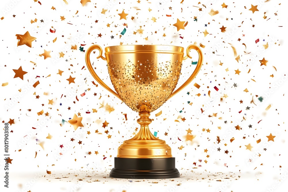 Gleaming Golden Trophy Cup Surrounded by Celebratory Confetti and Shimmering Stars Gleaming Golden Trophy Cup Surrounded by Celebratory Confetti and Shimmering Stars
