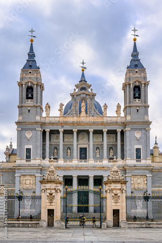 Facade of the Almudena Cathedral in Madrid, Spain