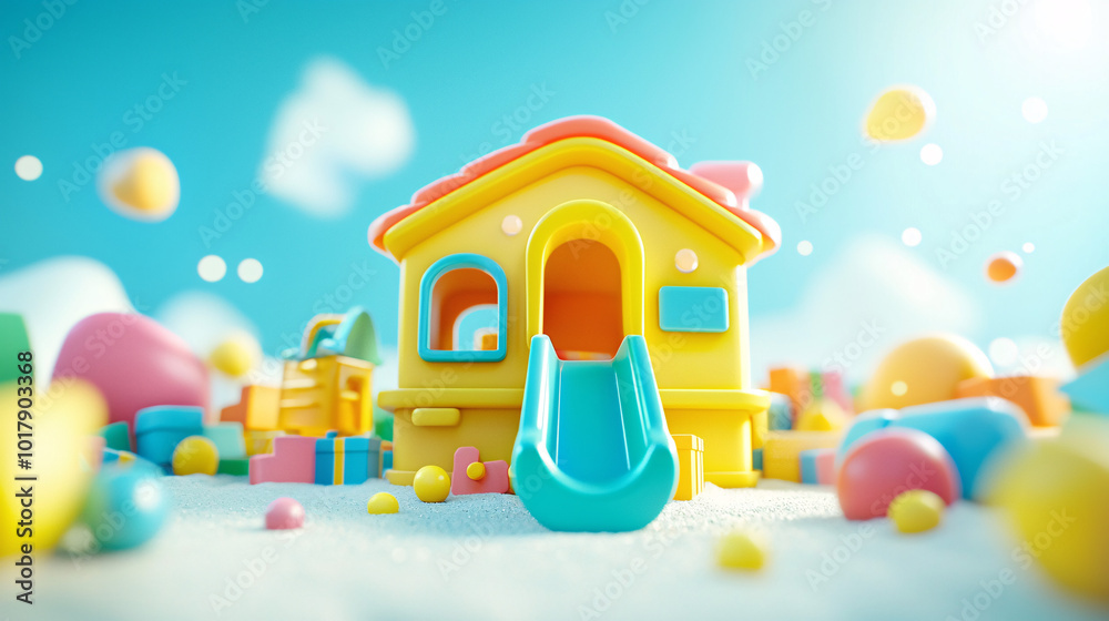 Play area with Christmas-themed toys and fairy lights, playful festive setting, 3D illustration Play area with Christmas-themed toys and fairy lights, playful festive setting, 3D illustration