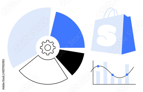 Pie chart with gear, bar graph with line, and shopping bag. Ideal for business analytics, e-commerce insights, financial reports, market research, data visualization. Modern, clean, vector