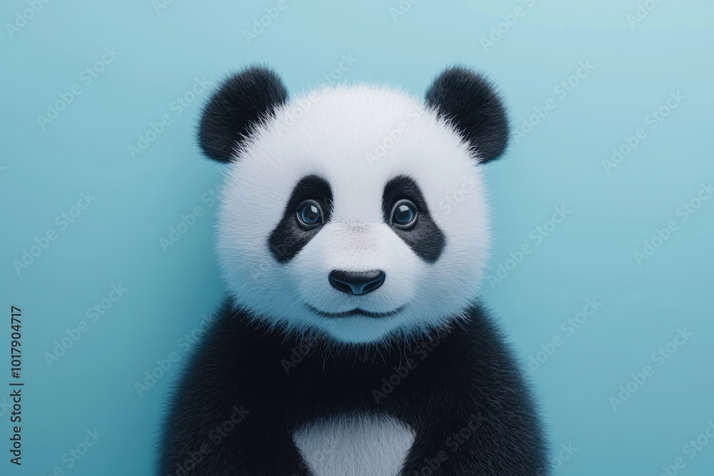 Naklejka premium animal illustration, simple, stylish drawing of a panda with distinct eye and ear markings on a light blue backdrop for a contemporary look