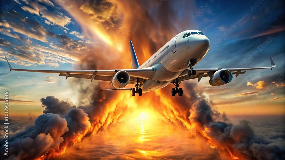 Naklejka premium A plane flying towards the sky with engine fire below