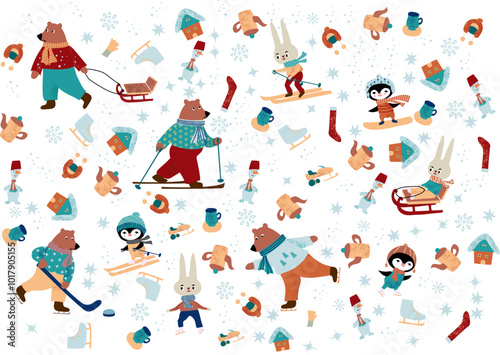 Winter set of cute animals. Outdoor activities