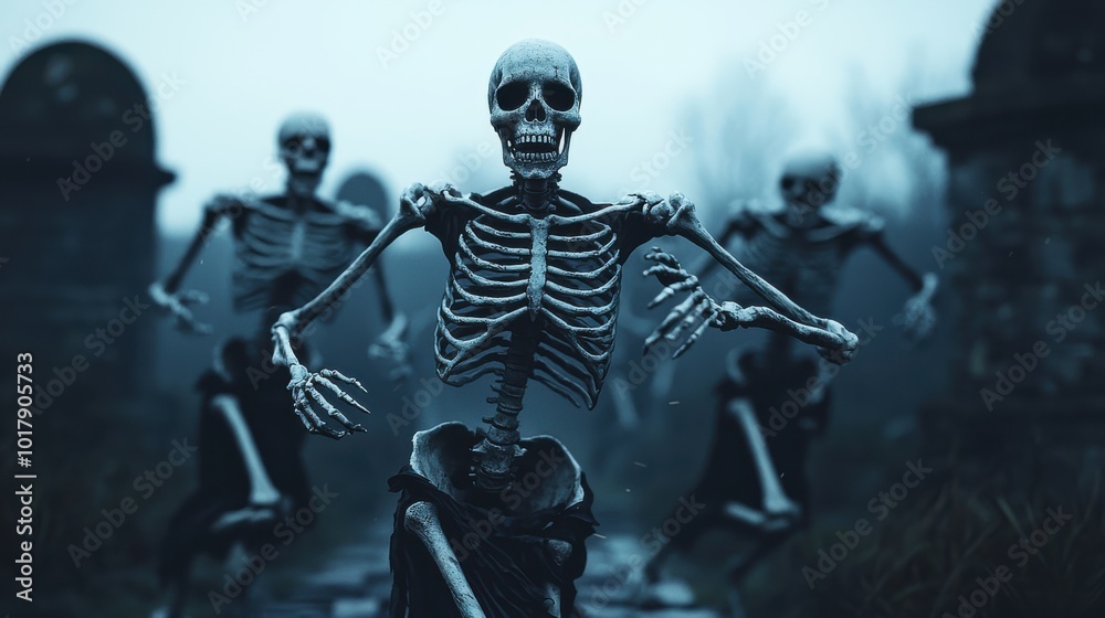 Fototapeta premium Skeletons dancing in a graveyard, eerie night scene