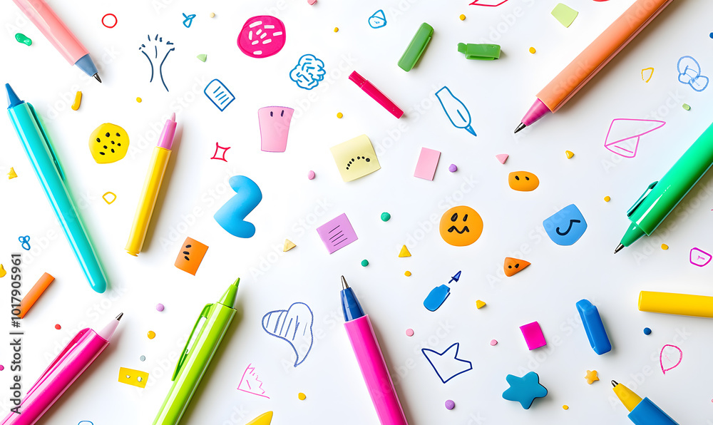 stationery in doodle 2D illustrator style, with cartoonish/symbolic elements and a white background. stationery in doodle 2D illustrator style, with cartoonish/symbolic elements and a white background.