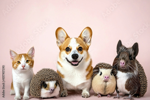 five adorable pets - a corgi, a Persian cat, a hedgehog, a cockatoo, and a guinea pig - arranged in a whimsical composition against a soft pink background