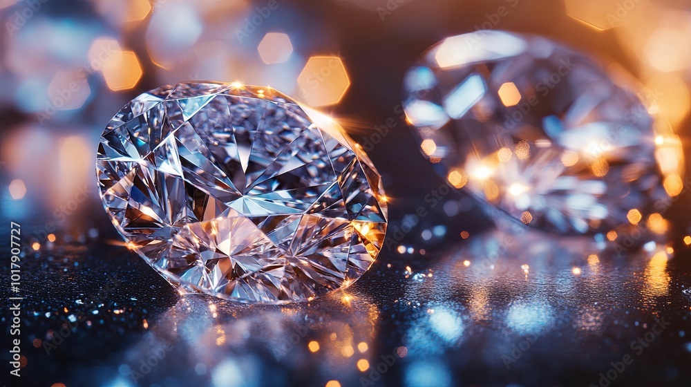 A Single Diamond on a Dark Surface with Blurry Lights A Single Diamond on a Dark Surface with Blurry Lights