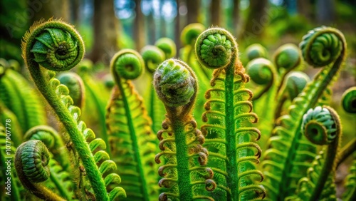 Lush Green Fiddlehead Ferns Emerging in Springtime, Symbolizing Nature's Renewal and Growth photo
