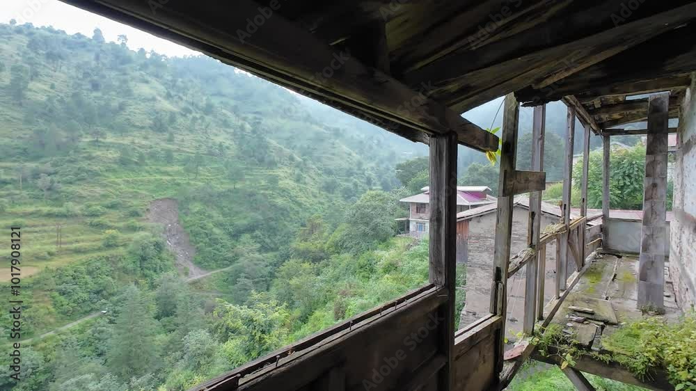 A dilapidated palace surrounded by dense, mature vegetation, illustrating the passage of time and nature's dominance, Junga village, Shimla, Himachal Pradesh