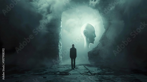 A Surreal Journey Through the Mind: A Figure Stands Before a Giant Head Emerging from a Foggy Portal