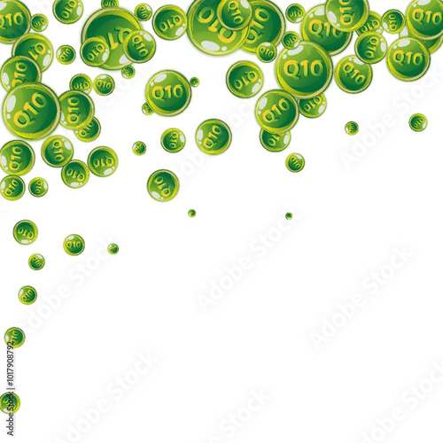 Vitamin Q10 round capsules scattered randomly.