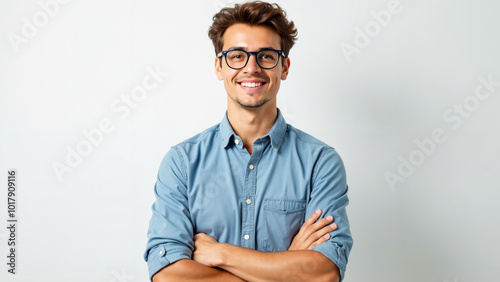 Confident Young Professional: Approachable Man in Blue Shirt and Stylish Glasses for Business Portraits or Corporate Branding