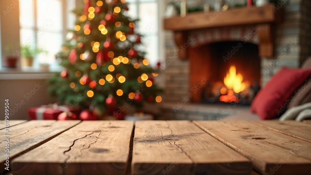 Cozy Christmas Interior: Wooden Table with Festive Tree and Fireplace - Perfect for Holiday Greeting Cards Cozy Christmas Interior: Wooden Table with Festive Tree and Fireplace - Perfect for Holiday Greeting Cards
