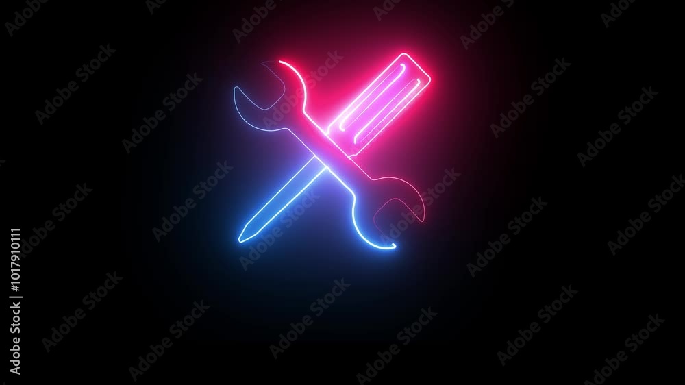 Glowing neon light setting tools icon concept animation on isolated black background.