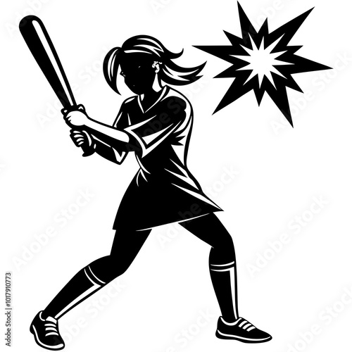 girl hit the baseball ball silhouette