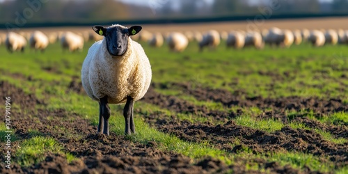 A Suffolk sheep flock grazing in a freshly rotated, lush green pasture in Southern England photo