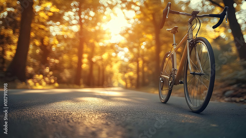 A bicycle parked on a quiet road surrounded by autumn trees.