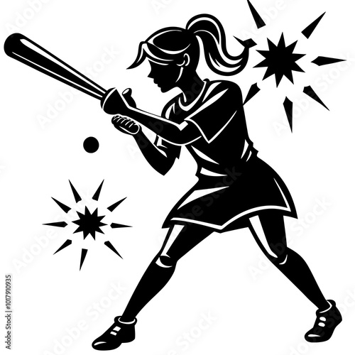 girl hit the baseball ball silhouette