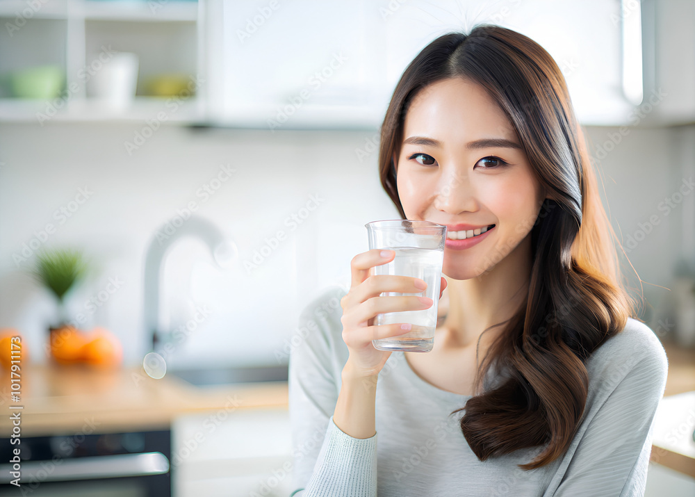 Woman model feeling happy drinks a glass water with smile at camera, Blurred modern white kitchen background Woman model feeling happy drinks a glass water with smile at camera, Blurred modern white kitchen background