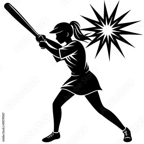 girl hit the baseball ball silhouette