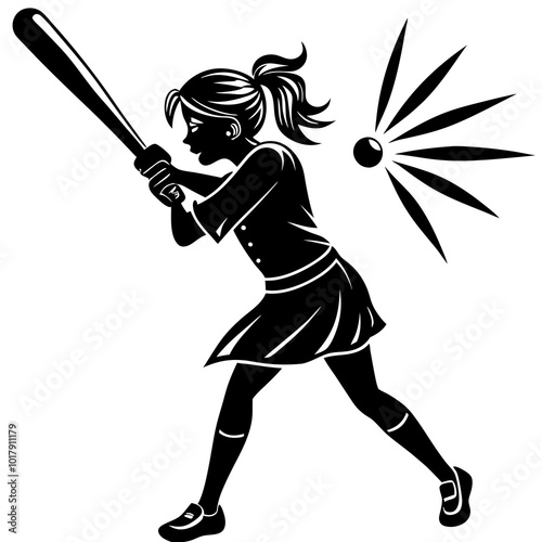 girl hit the baseball ball silhouette