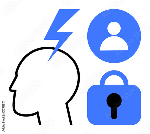 Silhouette of a head with a lightning bolt, user icon, and padlock symbol. Ideal for security, privacy, mental health, identity, technology. Modern minimalist style