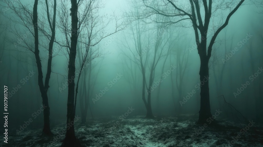 Eerie Winter Forest Scene with Leafless Trees and Fog Eerie Winter Forest Scene with Leafless Trees and Fog