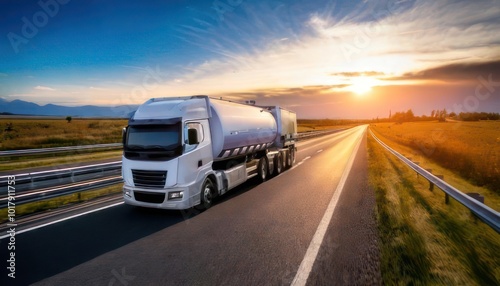 Fuel truck on a highway, transporting fuel with a focus on safety