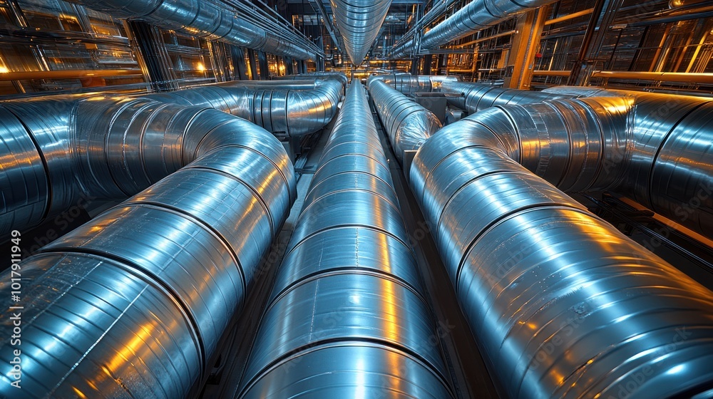 Metallic pipes and ducts in an industrial setting, showcasing infrastructure. Metallic pipes and ducts in an industrial setting, showcasing infrastructure.