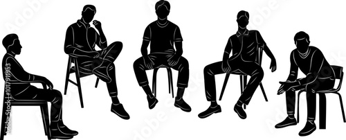 men sitting in a semicircle silhouettes on a white background, vector