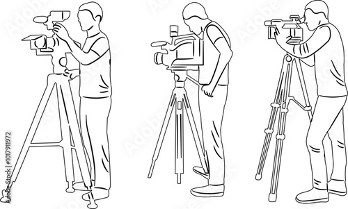 men shooting video sketch on white background, vector